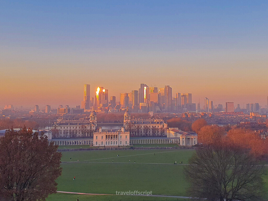 London skyline view free from Greenwich Park at sunset -