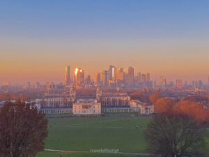 London skyline view free from Greenwich Park at sunset -
