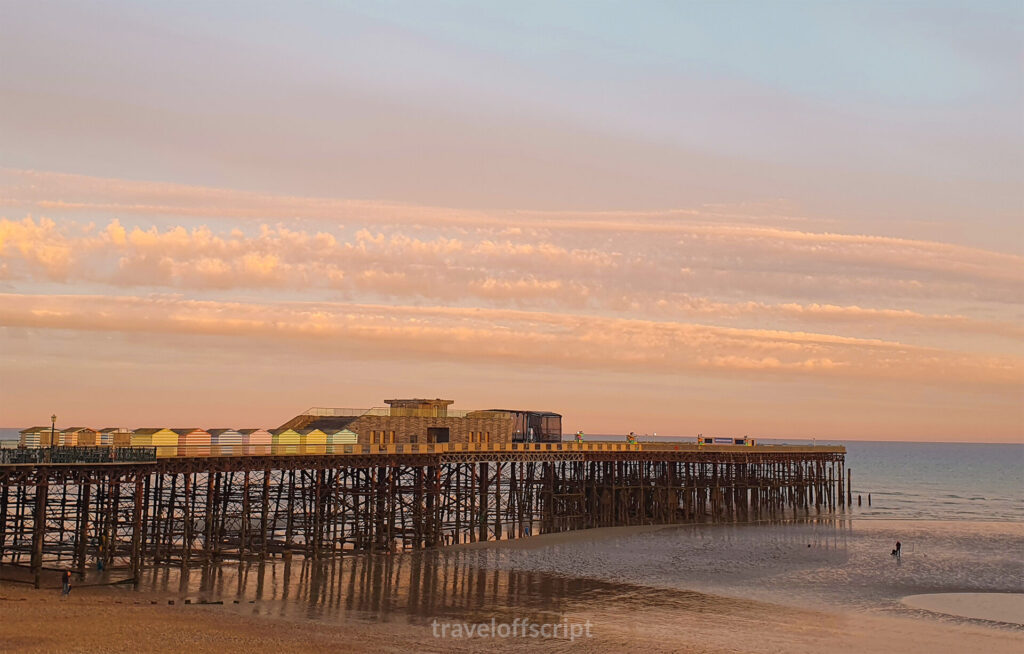 Hastings, UK Pier at sunset
