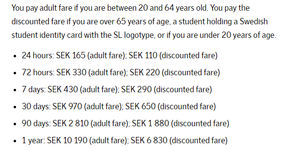 SL travel card fares
